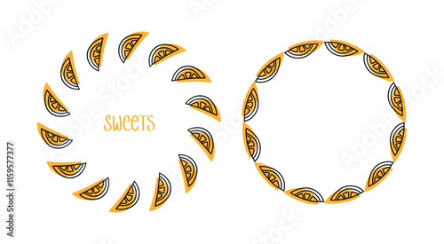 Set of decorative round frames with sweet orange slices. Doodle style. Linear drawing.