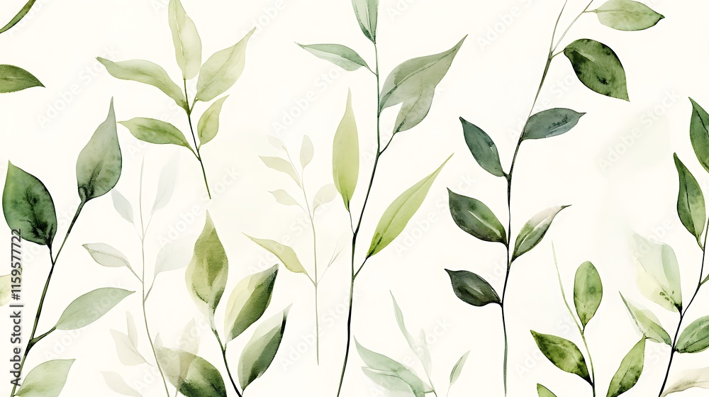 Fototapeta premium Green Leaf Collection: Artistic Watercolor and Detailed Digital Illustrations Featuring Clovers, Tropical Leaves, Falling Foliage, and Textured Dry Leaves - Perfect for Nature-Themed Designs and Decor