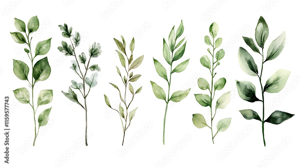 Obraz premium Green Leaf Collection: Artistic Watercolor and Detailed Digital Illustrations Featuring Clovers, Tropical Leaves, Falling Foliage, and Textured Dry Leaves - Perfect for Nature-Themed Designs and Decor