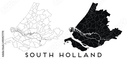 South Holland map of regions districts vector black on white and outline