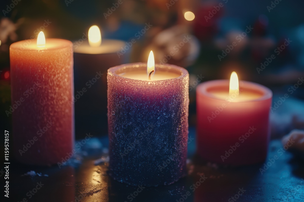 Soft candlelight flickers in a romantic dark room setting with colorful candles Soft candlelight flickers in a romantic dark room setting with colorful candles