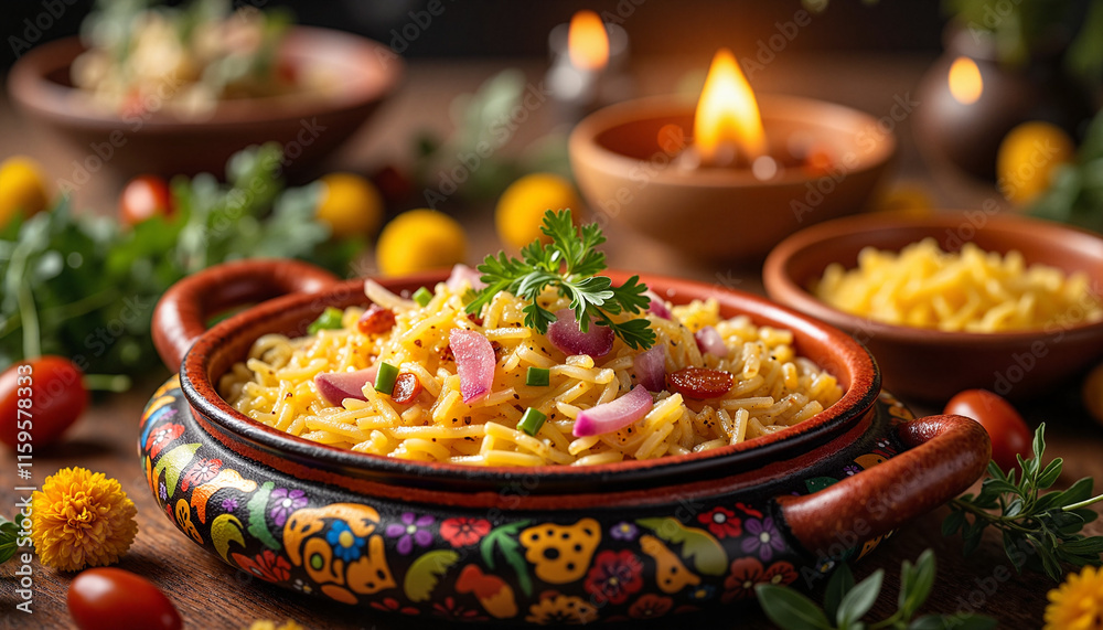 Colorful pasta dish with herbs on wooden table