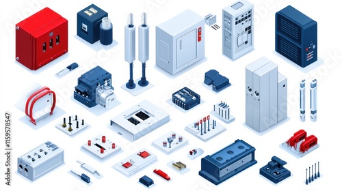 Isometric electric switchboard showing a transformer distribution board electric breaker switchbox and power switch panel Includes electricity equipment energy components and red