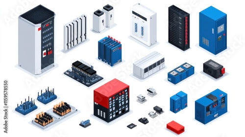 Isometric electric switchboard showing a transformer distribution board electric breaker switchbox and power switch panel Includes electricity equipment energy components and red