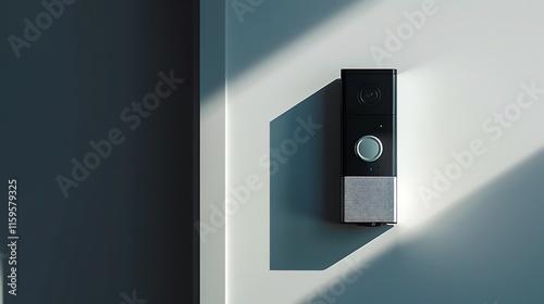 A modern smart doorbell resting on a white surface.