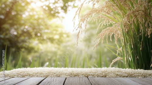 Rice paddy field with grains and wooden surface.