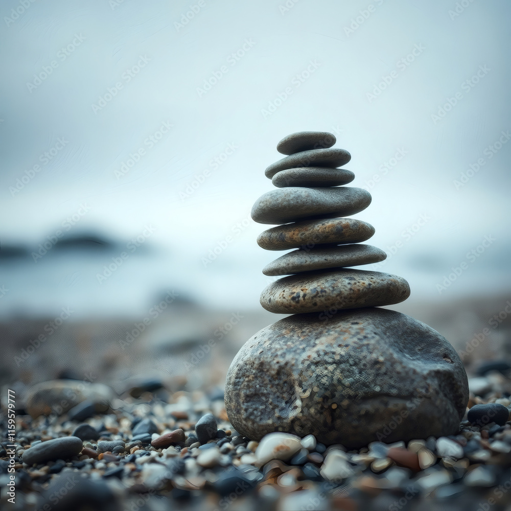 stack of stones on beach in dark atmosphere | generative AI stack of stones on beach in dark atmosphere | generative AI
