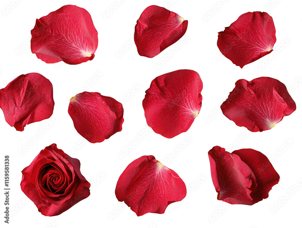 A Serene Display of Floating Red Rose Petals Gracefully Arranging in a Gentle Formation on a White Background for Relaxing and Romantic Ambiance A Serene Display of Floating Red Rose Petals Gracefully Arranging in a Gentle Formation on a White Background for Relaxing and Romantic Ambiance