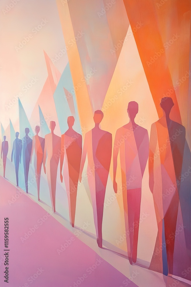 Fototapeta premium vertical illustration of a group of abstract human figures marching forward, stylized flags and signs in the background, symmetrical composition with soft pastel colors