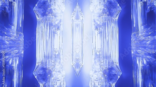 A symmetrical arrangement of luminous blue crystals radiating light. photo