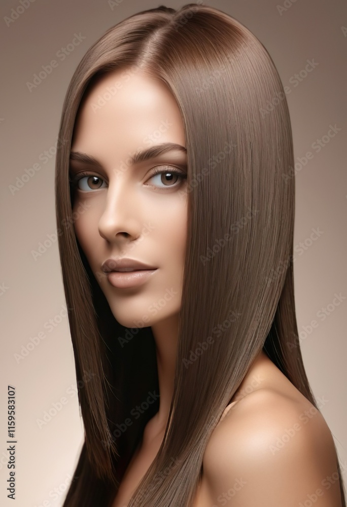 Naklejka premium Portrait of a girl with smooth long chocolate brown hair, macro, close up, mocha mousse fashion trend 2025