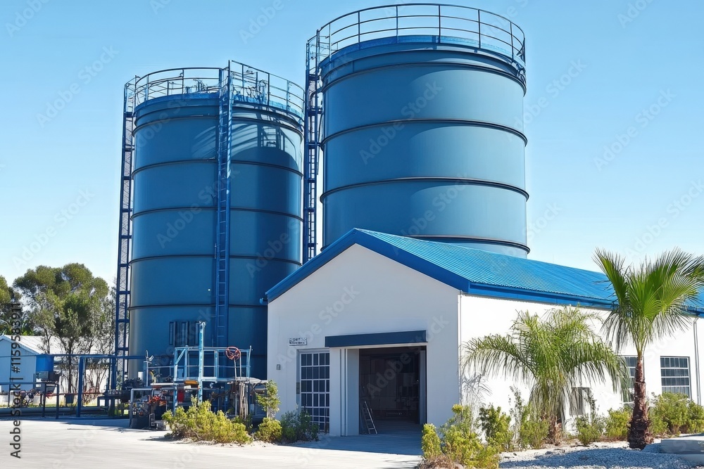 Fototapeta premium Industrial water storage tanks beside a modern facility