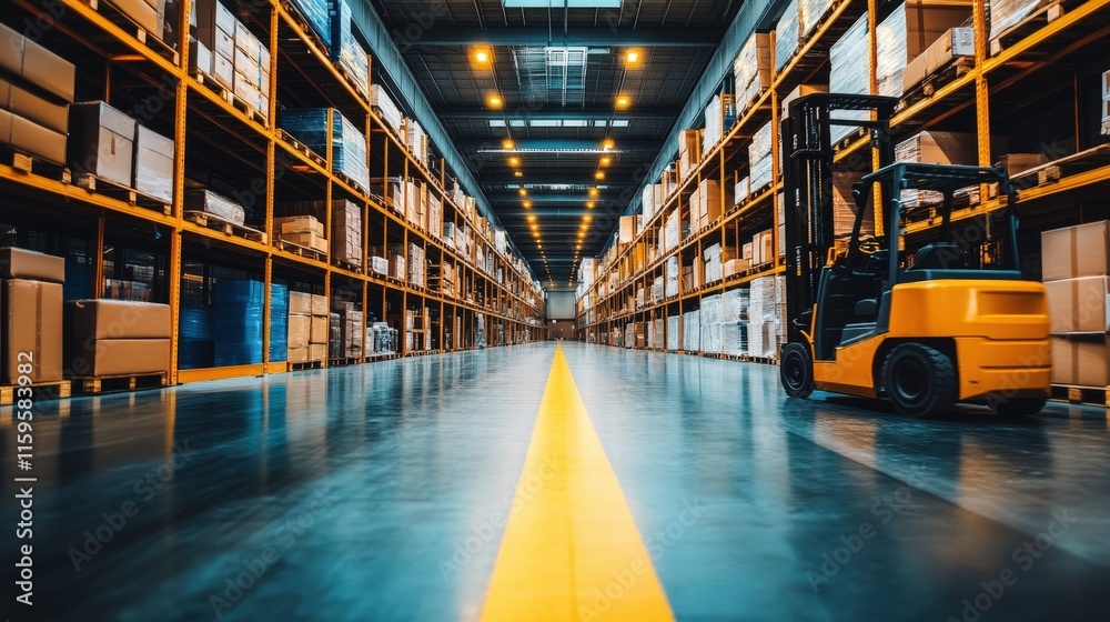 Forklift in a modern warehouse filled with stacked boxes Forklift in a modern warehouse filled with stacked boxes