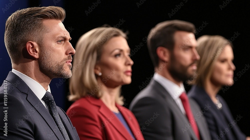 The image shows four individuals in a professional setting, likely during a debate or discussion, displaying focused expressions and formal attire. The image shows four individuals in a professional setting, likely during a debate or discussion, displaying focused expressions and formal attire.