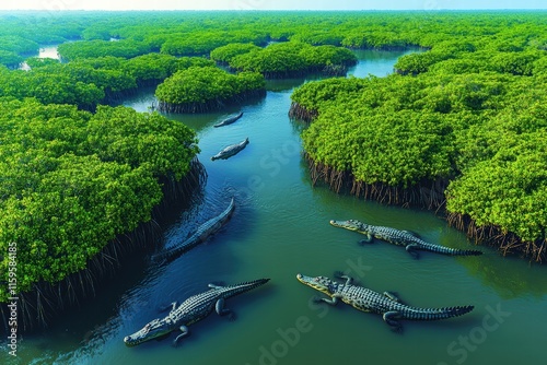 Mangrove ecosystem featuring crocodiles swimming through lush greenery in clear water