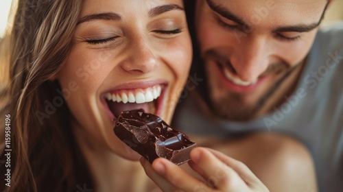 Love, happy couple eat chocolate in bedroom and care with smiling or laughing. Valentines day, married people sharing sweet snack and spending quality time in their home and romance or caring