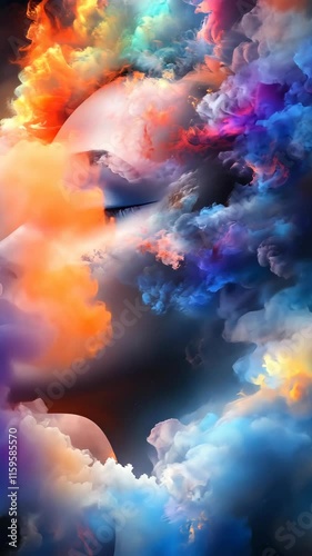 Colorful swirling clouds create a mesmerizing abstract background in shades of orange, blue, and purple