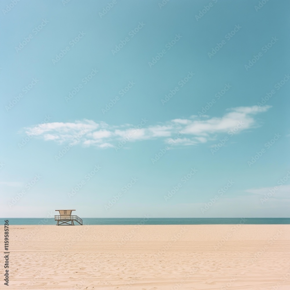 Solitary lifeguard stand on a serene beach under a pale blue sky. Solitary lifeguard stand on a serene beach under a pale blue sky.