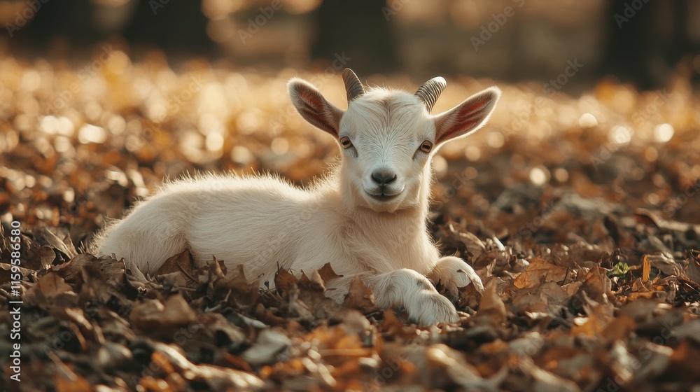Adorable Baby Goat Autumn Leaves Golden Hour Farm Animal Adorable Baby Goat Autumn Leaves Golden Hour Farm Animal