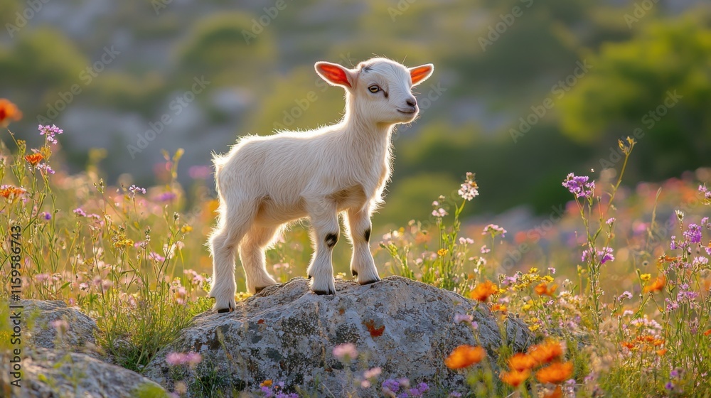 Obraz premium Adorable Baby Goat in Vibrant Wildflower Meadow, Springtime