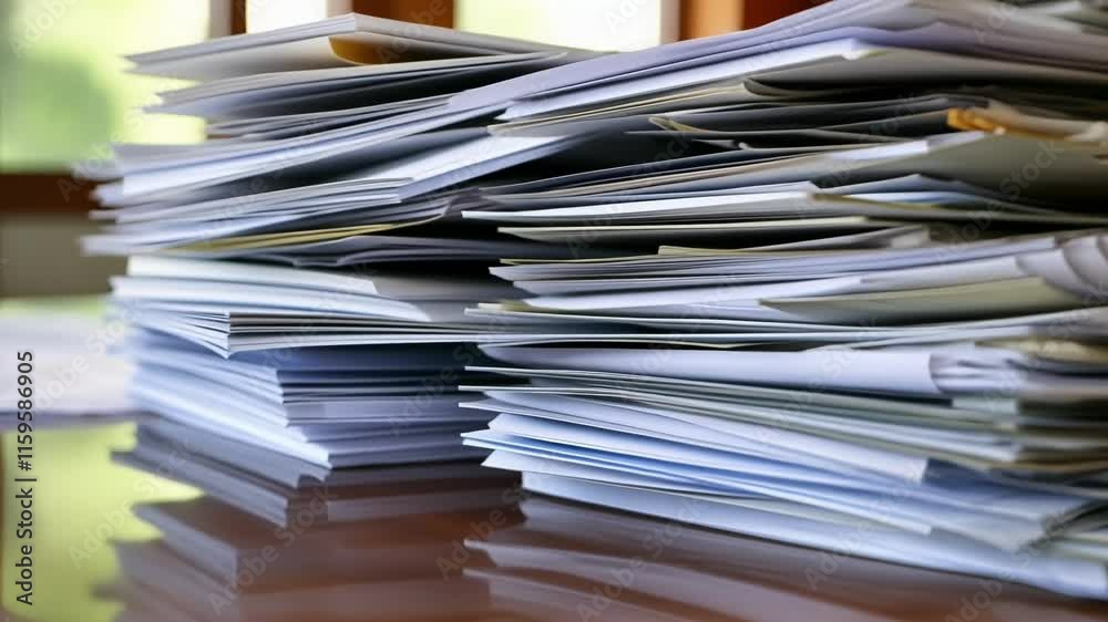 Documents stacked high on a wooden table represent the administrative burden in a business or government setting, emphasizing the challenges of paperwork, bureaucracy, and information management
