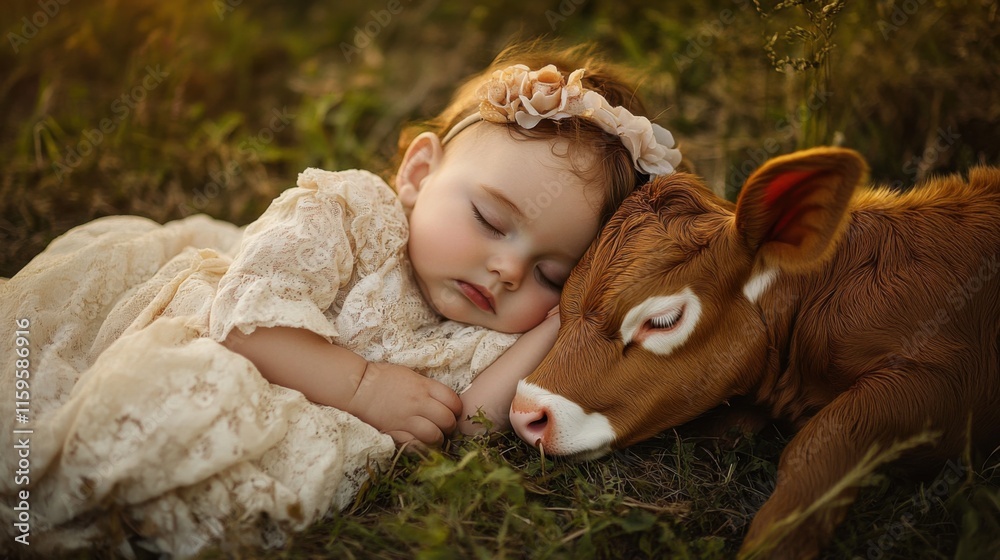 Baby Girl Sleeping Soundly with Adorable Brown Calf Outdoors Baby Girl Sleeping Soundly with Adorable Brown Calf Outdoors