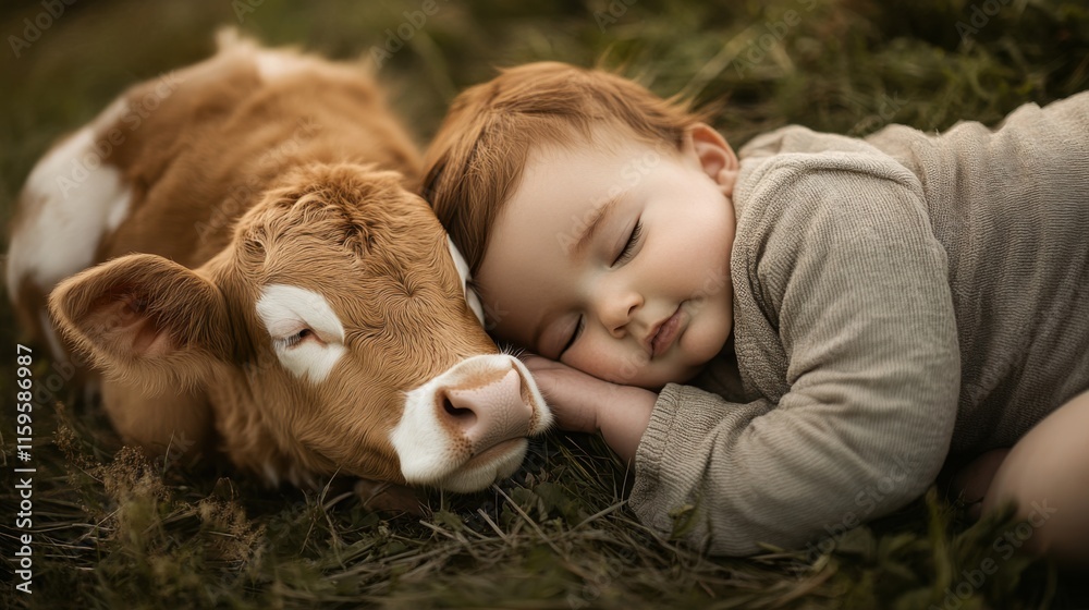 Baby and Calfs Peaceful Nap in Grassy Field Sweet Dreams Baby and Calfs Peaceful Nap in Grassy Field Sweet Dreams
