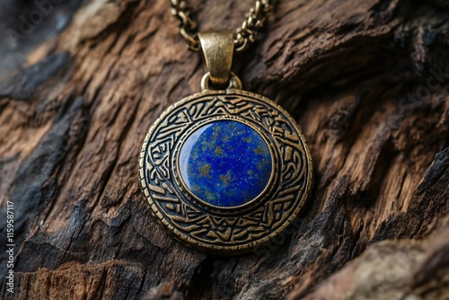 Golden amulet with lapis lazuli gemstone hanging on wooden background, representing spirituality, magic and ancient cultures