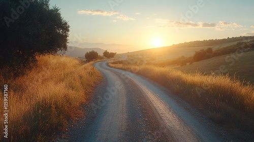 A serene rural road winds through golden fields as the sun rises, casting a warm glow over the landscape.