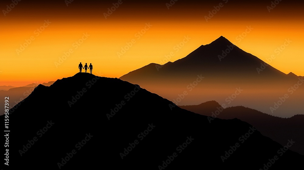 Silhouetted hikers on mountain peak at sunset. Silhouetted hikers on mountain peak at sunset.