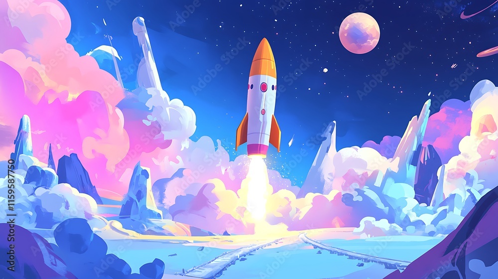 Fototapeta premium A colorful rocket launching into space amidst vibrant clouds and a distant planet.