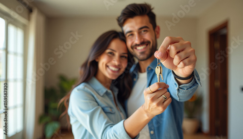 New Home Ownership: Happy Couple with House Keys photo