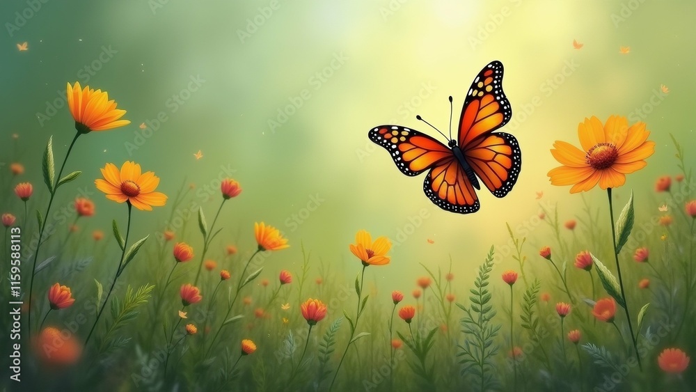 The image is a digital illustration of a butterfly flying over a field of orange and yellow flowers. The image is a digital illustration of a butterfly flying over a field of orange and yellow flowers.