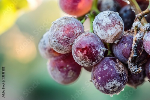 Close up of moldy grapes hanging on vine, depicting plant disease and spoiled wine production due to fungal infection photo