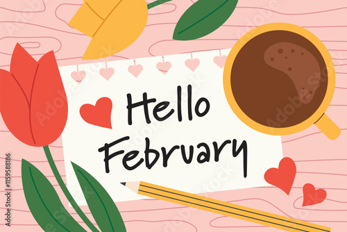 hello february written on the paper note on wooden desk, flat lay view- vector illustration