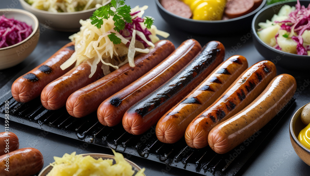German Grilled Sausages in Rustic Style with Smoky Flavors Representing Cultural Cuisine German Grilled Sausages in Rustic Style with Smoky Flavors Representing Cultural Cuisine