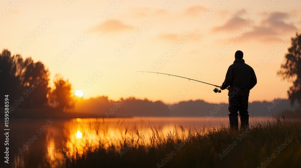 A silhouette of a person fishing by a tranquil river at sunrise, surrounded by trees and reflecting warm hues on the water. A silhouette of a person fishing by a tranquil river at sunrise, surrounded by trees and reflecting warm hues on the water.