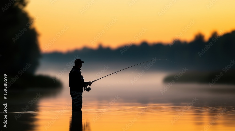 A silhouetted fisherman stands by a serene lake at sunset, surrounded by mist and nature's beauty. A silhouetted fisherman stands by a serene lake at sunset, surrounded by mist and nature's beauty.