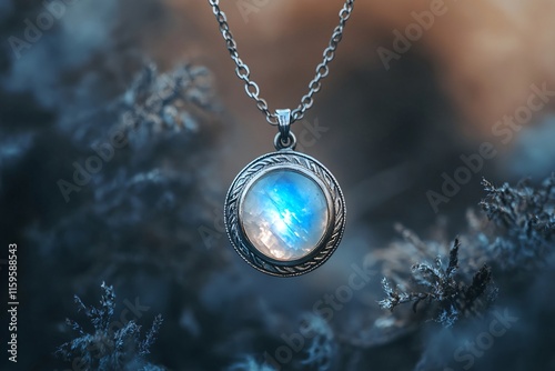Silver necklace with moonstone pendant hanging in moss, creating a magical and enchanting atmosphere