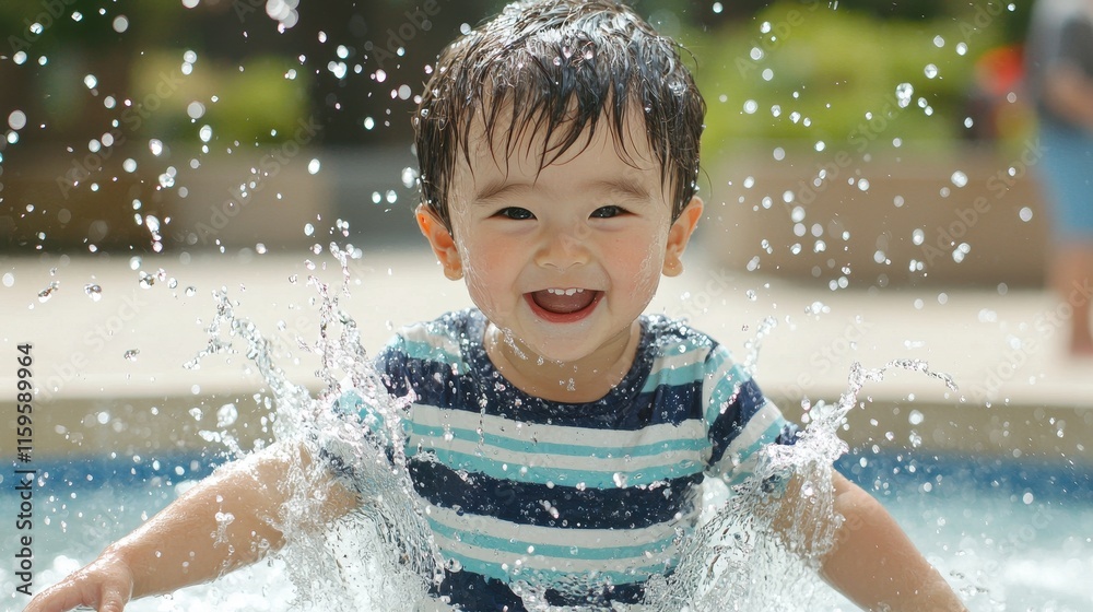 A joyful child splashes in a pool, surrounded by water, radiating happiness on a sunny day. A joyful child splashes in a pool, surrounded by water, radiating happiness on a sunny day.