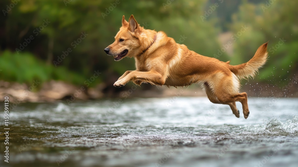 A joyful golden retriever leaps over a river, showcasing energy and playfulness in a lush, natural setting. A joyful golden retriever leaps over a river, showcasing energy and playfulness in a lush, natural setting.