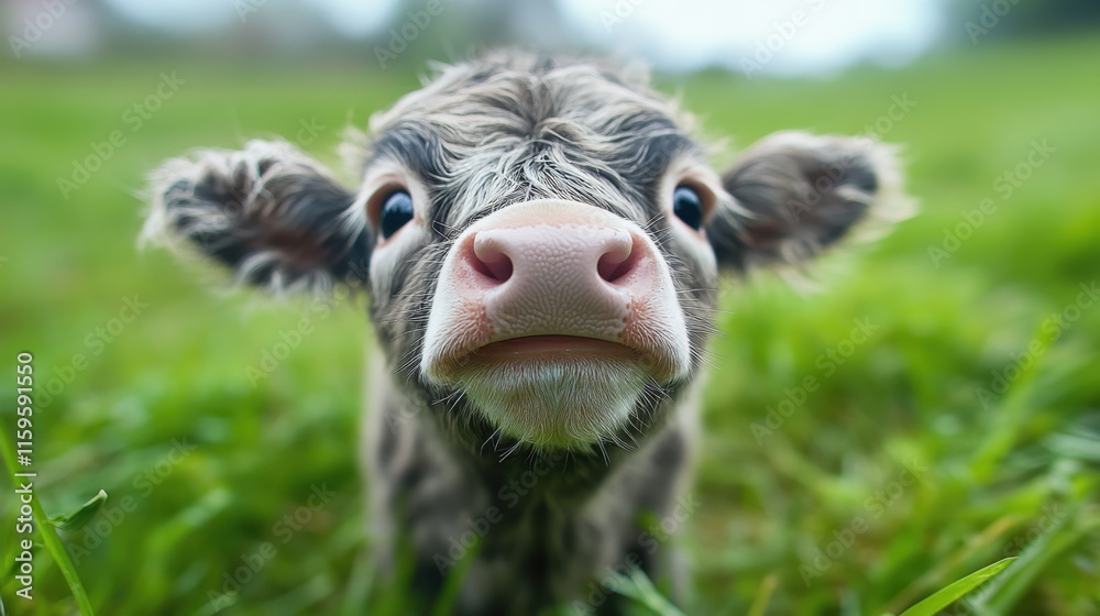 Adorable Calf in Lush Green Pasture, Closeup Portrait Adorable Calf in Lush Green Pasture, Closeup Portrait