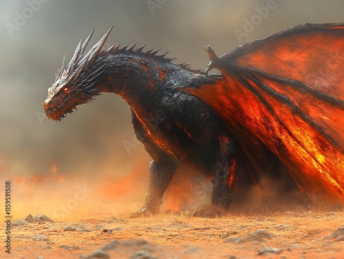 Armored Regal Dragon Striding Through Desolate Post Apocalyptic Landscape Casting Ominous Shadow photo