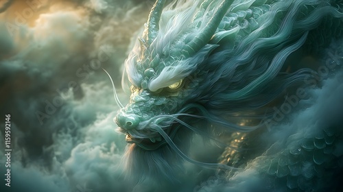 Mystical Jade Dragon Sculpture Shrouded in Ethereal Moonlight Mist photo