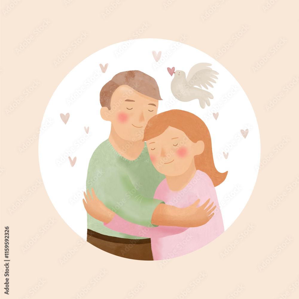 Happy Young Man Hugging His Beloved Girlfriend. Romantic Vector Illustration of Lovely Couple and Flying Dove Holding Heart. Cute Couple in Love, Placed in a Round Frame On a Beige Background. 