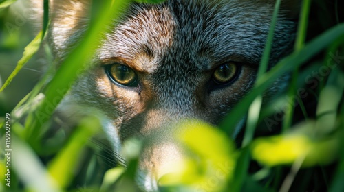 Hidden Fox, Wild Eyes, Grassy Habitat, Nature Photography photo