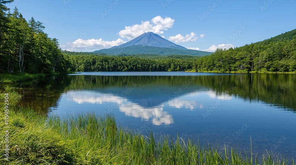 Obraz premium A serene lake reflects a majestic mountain under a clear blue sky, surrounded by lush greenery, creating a picturesque natural landscape.