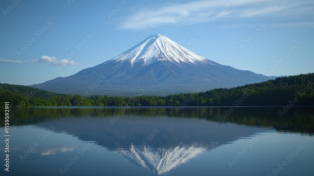 A stunning view of a snow-capped mountain reflecting in a tranquil lake under a clear blue sky, surrounded by lush greenery. A stunning view of a snow-capped mountain reflecting in a tranquil lake under a clear blue sky, surrounded by lush greenery.