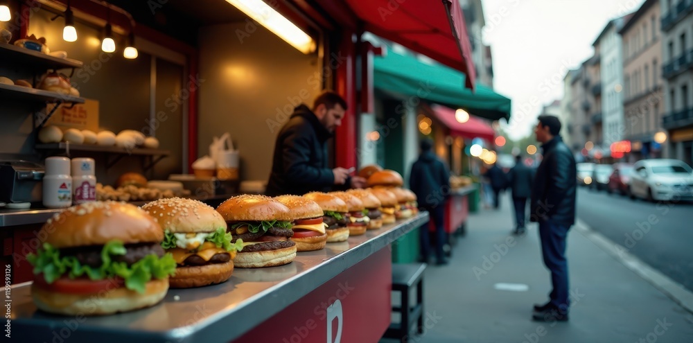 A street food vendor selling burgers on the sidewalk, urban scene, city life, casual eatery A street food vendor selling burgers on the sidewalk, urban scene, city life, casual eatery