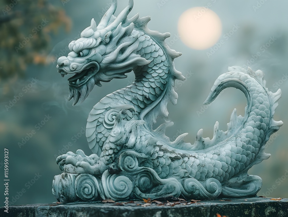 Fototapeta premium Captivating Jade Dragon Sculpture Shrouded in Mystical Mist with Serene Lunar Glow